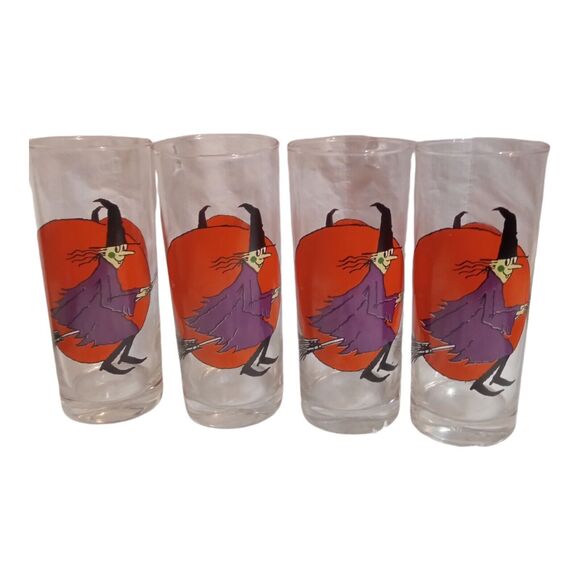 4 Vtg Halloween Highball Glasses~ Moon ~ Drinking Glasses~ Witch Riding Broom - Picture 1 of 10
